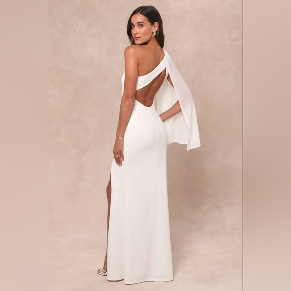 Lulus Majestic Attitude White Cape Sleeve One-Shoulder Maxi Dress S Wedding - Picture 5 of 11